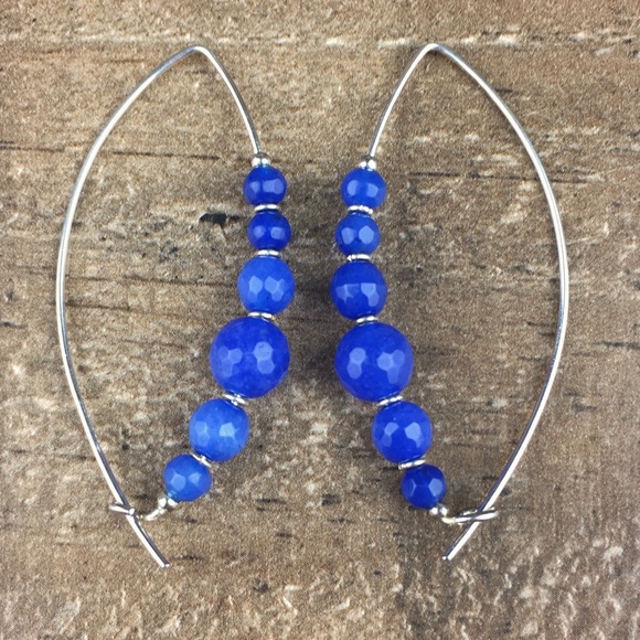 Lapis or Sodalite Crystal Stone Bead Wire Sterling Silver Earrings - Picture 4 of 6